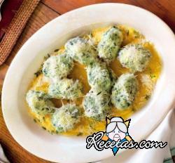 Malfatti de ricotta y borraja con crema de maíz