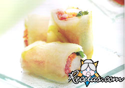 Roll de peras y langostinos